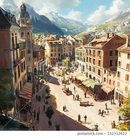High-Angle View of a Vibrant Mountain Town Square 132312622