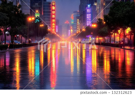 Cityscape Reflections: Neon Lights Dance on Rain-Slicked Streets Cityscape Reflections: Neon Lights Dance on Rain-Slicked Streets 132312623