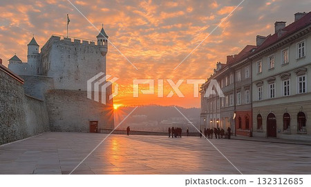 Ljubljana Castle Square at Sunrise: Golden Light and Gathering C 132312685