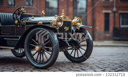 Gleaming gold accents on a vintage black car, parked on cobblest 132312718