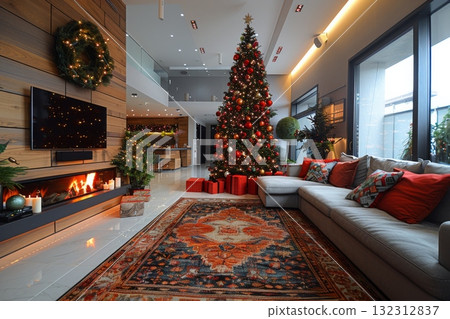Living room with large Christmas tree in the center. Home is decorated with wreath on the wall and fireplace 132312837