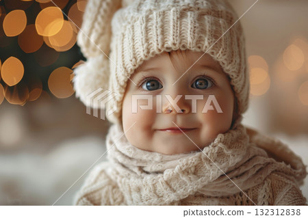 Baby wearing white hat and scarf is smiling. Warm and cozy feeling, enjoying winter day 132312838