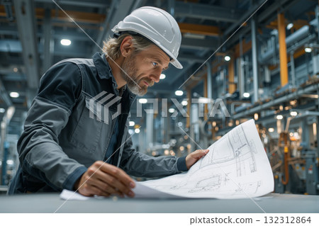 Manufacturing engineer reviews blueprints in factory setting with detailed focus on design elements 132312864