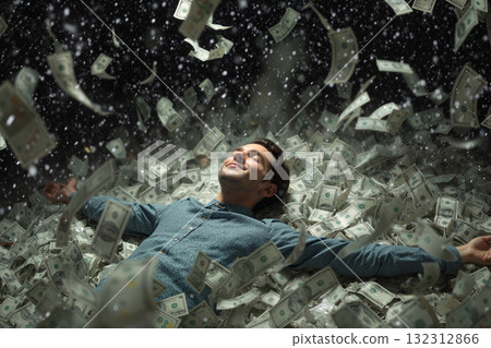 Man enjoys a joyful moment while lying on a pile of cash in a money rain scene Man enjoys a joyful moment while lying on a pile of cash in a money rain scene 132312866