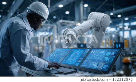 Industrial engineer monitors robotic system in advanced manufacturing facility during daytime 132312875