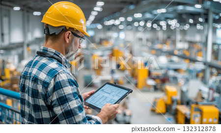 Industrial engineer inspects machinery and data in modern manufacturing facility during daytime operations 132312878
