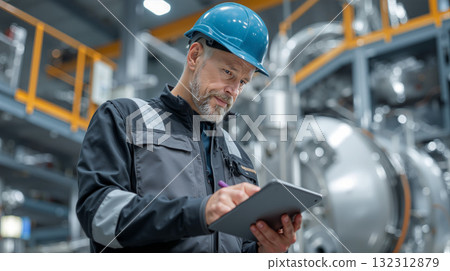 Industrial engineer conducts inspection and assessment of machinery in manufacturing facility during work hours 132312879