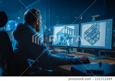 Industrial engineer designs steel structures in a modern workspace at night using computer software 132312884