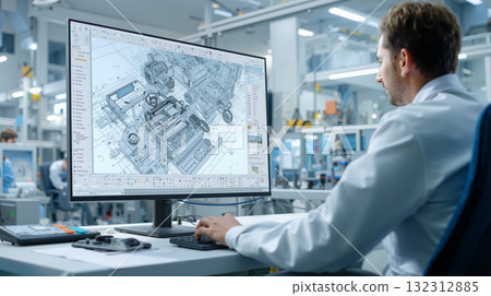 Industrial engineer analyzes design details in a modern manufacturing facility during a project review session 132312885
