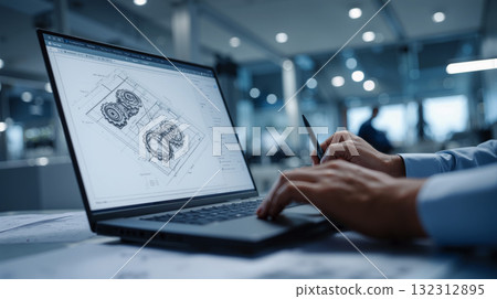 Engineer focuses on laptop screen analyzing technical designs in a modern workspace 132312895