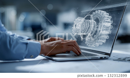 Engineer uses laptop to design mechanical systems in modern workspace during daylight hours 132312899