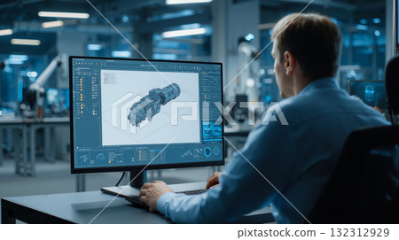 Engineer operates CAD design software in a modern workspace focusing on detailed technical models 132312929