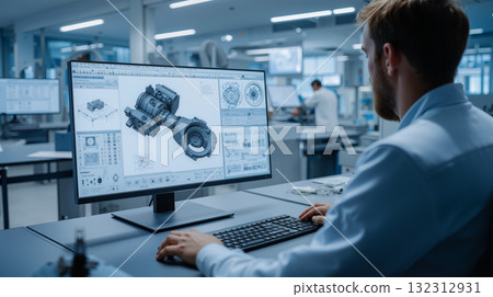 Engineer focuses on CAD design of a mechanical component in a modern workspace 132312931