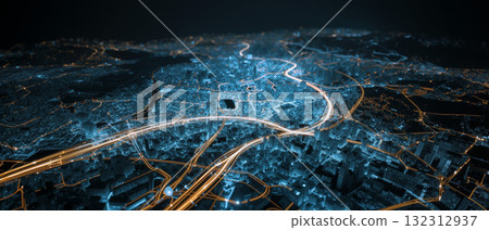 Visual representation of digital geospatial logistics technology over a cityscape at night 132312937