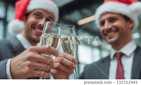 Business professionals celebrate success at a holiday party while wearing festive Sant hats Business professionals celebrate success at a holiday party while wearing festive Sant hats 132312945