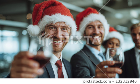 Business professionals celebrate the holiday season wearing Santa hats and toasting in a modern office setting Business professionals celebrate the holiday season wearing Santa hats and toasting in a modern office setting 132312946