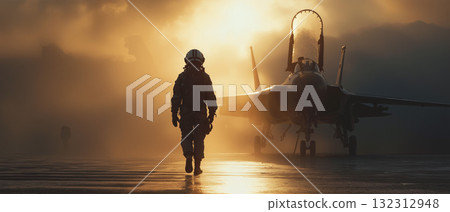 Confident air force pilot walks towards jet at sunset in a military airbase 132312948