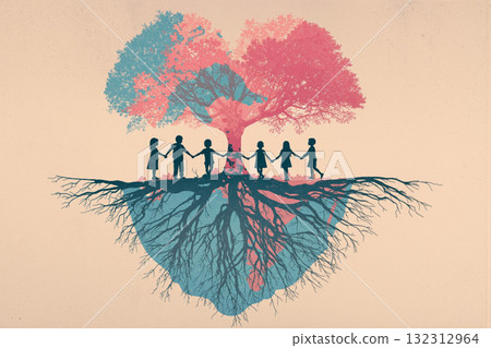 Symbolic tree with heart shape illustrates connection between nature and human emotions 132312964