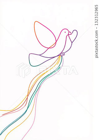 Colorful continuous line art of a bird in flight with flowing ribbons of color 132312965