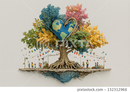Artistic tree with colorful leaves and heart-shaped globe contrasted against dry soil, symbolizing environmental harmony 132312968