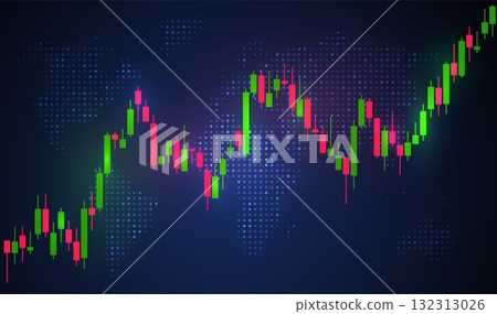 Candlestick chart trend with world map, stock market trading graph, financial graphic diagram with red and green bars Candlestick chart trend with world map, stock market trading graph, financial graphic diagram with red and green bars 132313026