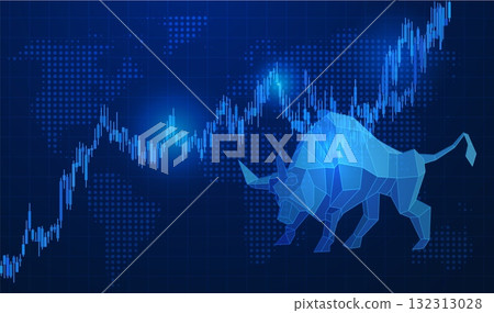 Candlestick chart with polygonal bull vector design, stock market trading growth trend graph on world map, profit 132313028