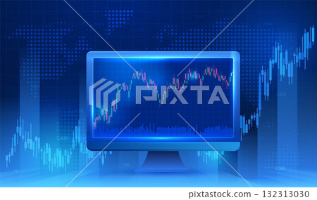 Digital background with a world map, computer monitor, and Forex charts, neon blue, glow effect. Digital background with a world map, computer monitor, and Forex charts, neon blue, glow effect. 132313030