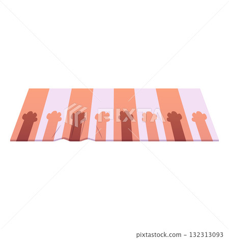 Brown striped floor rug with cat paws print, vector cartoon pets carpet, cozy home decorative textile neat mat 132313093