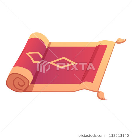 Persian carpet, red, rectangular, with a diamond pattern and golden tassels, rolled up. 132313140