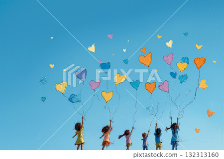 Colorful heart-shaped balloons released by children in blue sky during joyful outdoor celebration Colorful heart-shaped balloons released by children in blue sky during joyful outdoor celebration 132313160