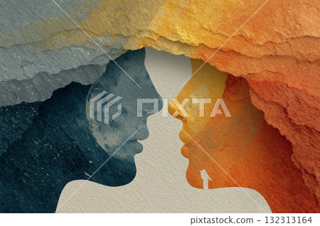 Elegant side profiles create a harmonious representation of peace with contrasting colors and textures 132313164