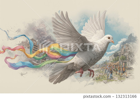 White dove in flight carrying a colorful ribbon through a vibrant landscape of hope and resilience 132313166