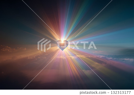 Glowing heart in the sky radiates colorful beams during a stunning sunset above the clouds 132313177