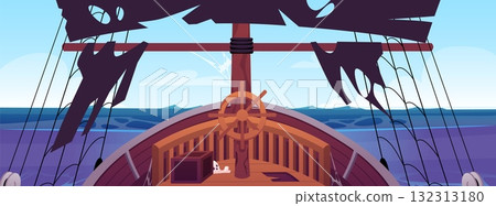 An abandoned wooden pirate ship with a broken steering wheel, tattered black sails, cobwebs. An abandoned wooden pirate ship with a broken steering wheel, tattered black sails, cobwebs. 132313180