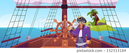 Sail boat bridge, helm with pirate captain on island in sea view, vector cartoon wooden vessel ship deck, steering wheel 132313184