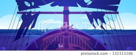 Night view of a pirate ship's deck, broken steering wheel, tattered black sails, and cobwebs. 132313186
