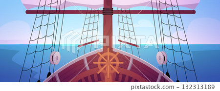 Cartoon-style deck view of an old wooden ship with a steering wheel, mast, sails, and sunset sky. Cartoon-style deck view of an old wooden ship with a steering wheel, mast, sails, and sunset sky. 132313189