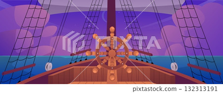 Sail boat bridge, helm view, vector cartoon pirate ship deck sailing in sea, wooden boat with steering wheel at night 132313191