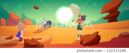 Entomologist with magnifying glass and butterfly net, robot on cosmic alien landscape with mountains and flying rocks Entomologist with magnifying glass and butterfly net, robot on cosmic alien landscape with mountains and flying rocks 132313196