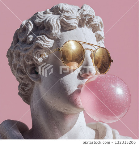 Marble statue with stylish sunglasses blowing a pink bubble gum against a pastel background 132313206