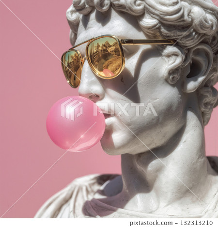 Marble statue wearing sunglasses and blowing bubble gum against a pink backdrop in a modern artistic setting 132313210