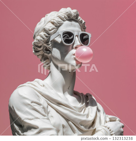White marble statue with modern sunglasses and bubble gum against pink background White marble statue with modern sunglasses and bubble gum against pink background 132313238
