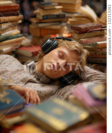 Young student relaxes on a pile of books with headphones while studying in a cozy library setting Young student relaxes on a pile of books with headphones while studying in a cozy library setting 132313261