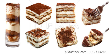Set of Italian classic traditional Tiramisu, no-bake dessert cake pastry, on transparent cutout PNG. Many different angles, stack, broken, slice, pile, fork, glass jar. Mockup template for artwork 132313283