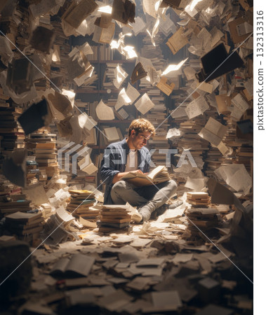 Student immersed in reading as books soar around him in an inspiring library setting Student immersed in reading as books soar around him in an inspiring library setting 132313316