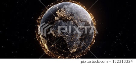 Digital globe showcasing AI network connections across continents and cities at night Digital globe showcasing AI network connections across continents and cities at night 132313324