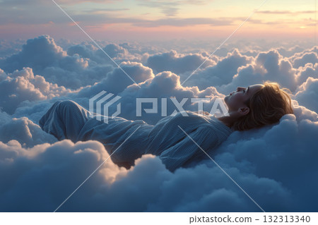 Woman lying on soft clouds, gazing at the serene sky during sunset hours Woman lying on soft clouds, gazing at the serene sky during sunset hours 132313340