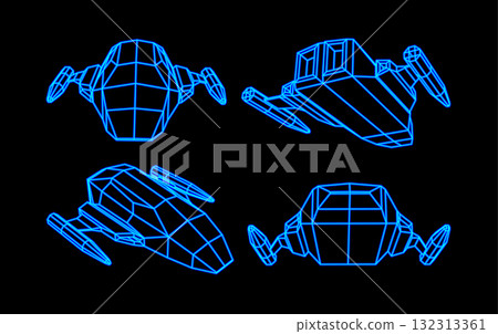 Set of polygonal wireframe spaceships. 80s retro neon synthwave arcade ships collection Set of polygonal wireframe spaceships. 80s retro neon synthwave arcade ships collection 132313361