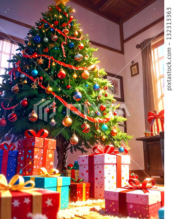 Cozy home interior with a beautifully decorated Christmas tree and a large pile of colorful gifts. Magical holiday celebration scene. Digital illustration. 132313363