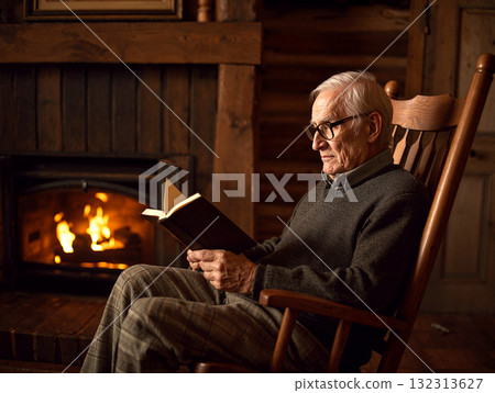 Cozy evening scene: An elderly man reading a book in a wooden rocking chair by a warm, burning fireplace. Rustic home interior. Cozy evening scene: An elderly man reading a book in a wooden rocking chair by a warm, burning fireplace. Rustic home interior. 132313627
